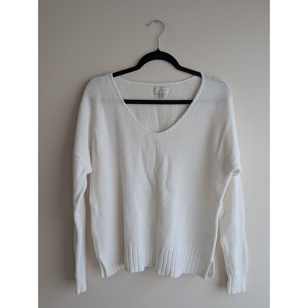 Lucky Brand Women's Small White Slouchy Textured Knit V Neck Sweater Side Slit
